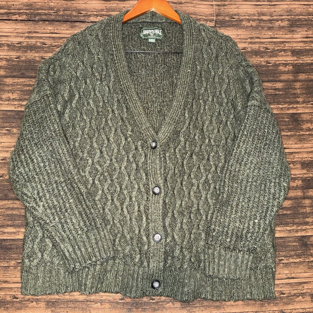 VTG American Eagle Olive Green Cable Knit Cardigan Sweater Womens Large
